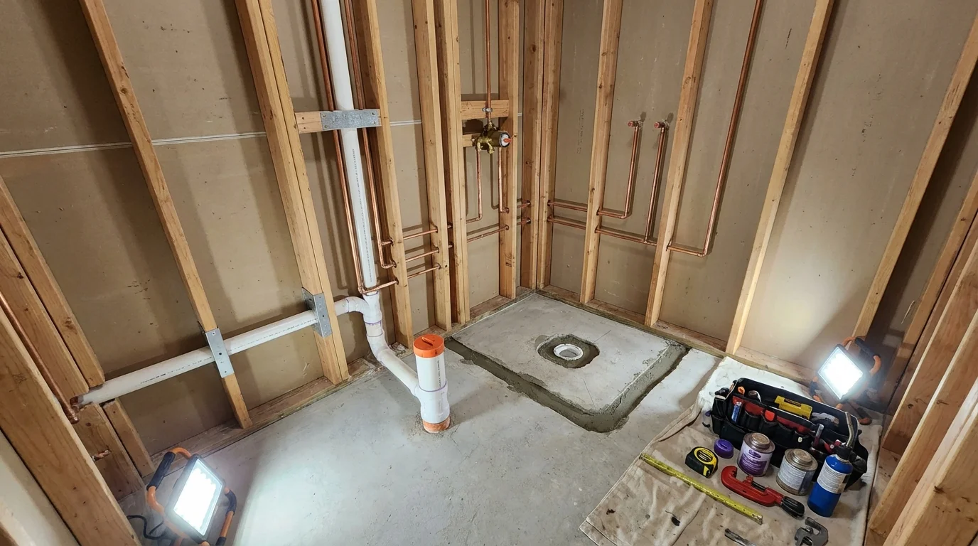 Bathroom rough-in plumbing during remodel by Johns Plumbing LLC in Gibsonia
