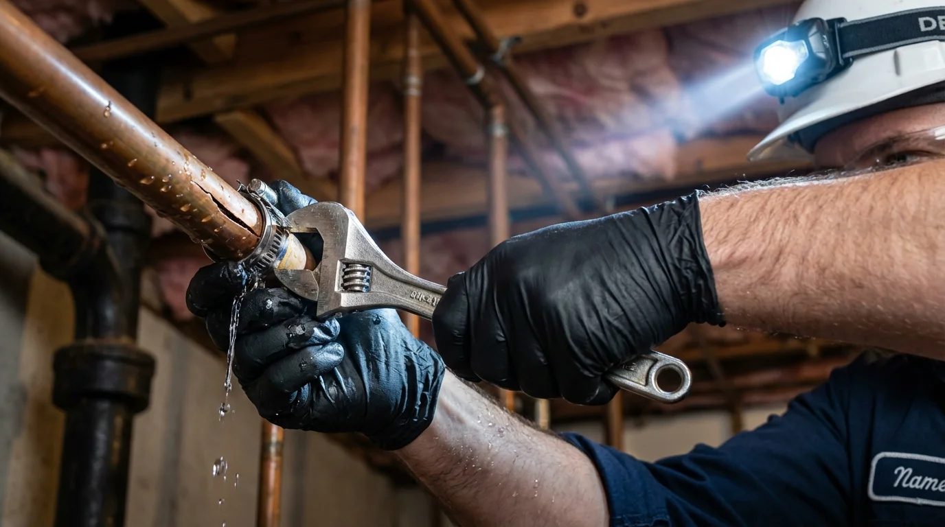 Emergency pipe clamp repair being performed by a Johns Plumbing LLC plumber in Gibsonia