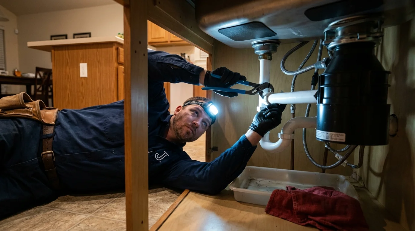 P-trap and supply line connections under a kitchen sink showing a common leak point in Gibsonia, PA